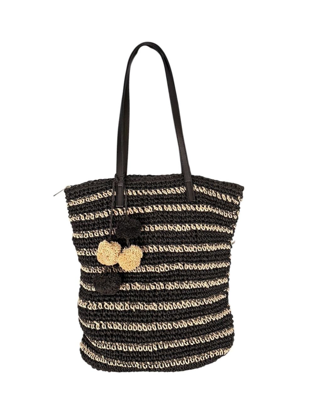 BTB Los Angeles Black Natural Striped Paper Straw Pom Pom Tote Beach Bag